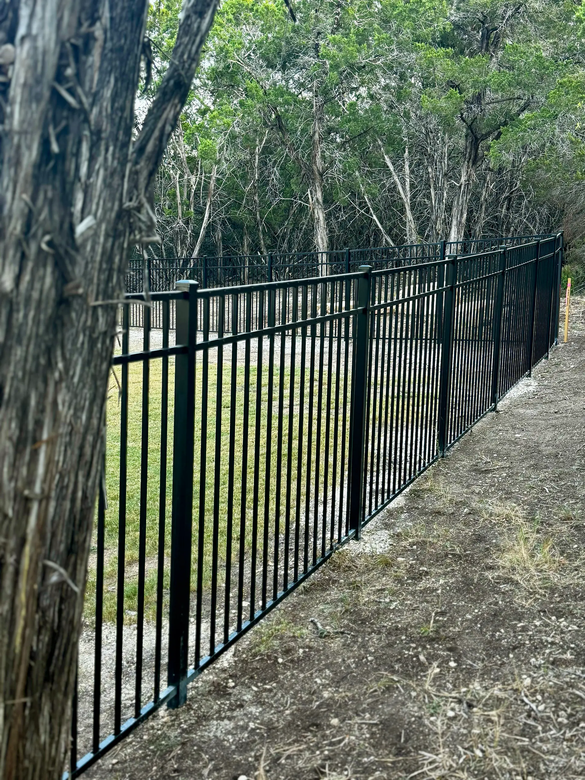 Black aluminum fence installed along a wooded Austin, TX property by Vision Fencing