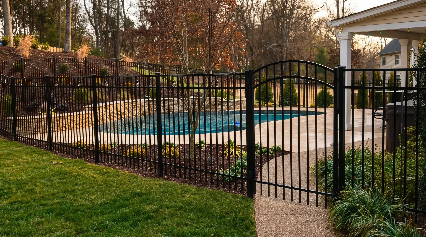 Ornamental aluminum fence installed around an Austin, TX pool by Vision Fencing
