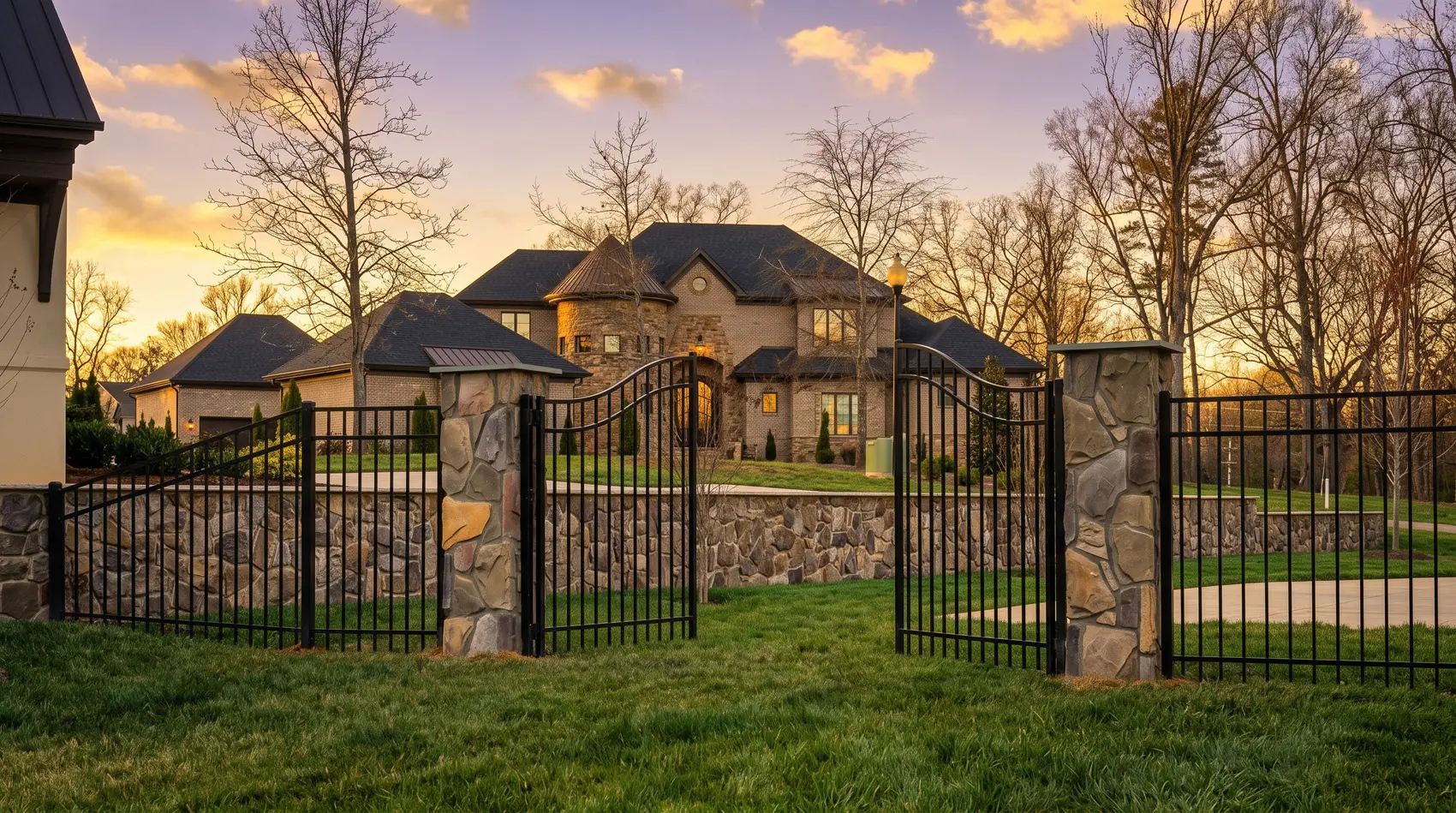 Automatic wrought iron gate with stone pillars in Austin, TX